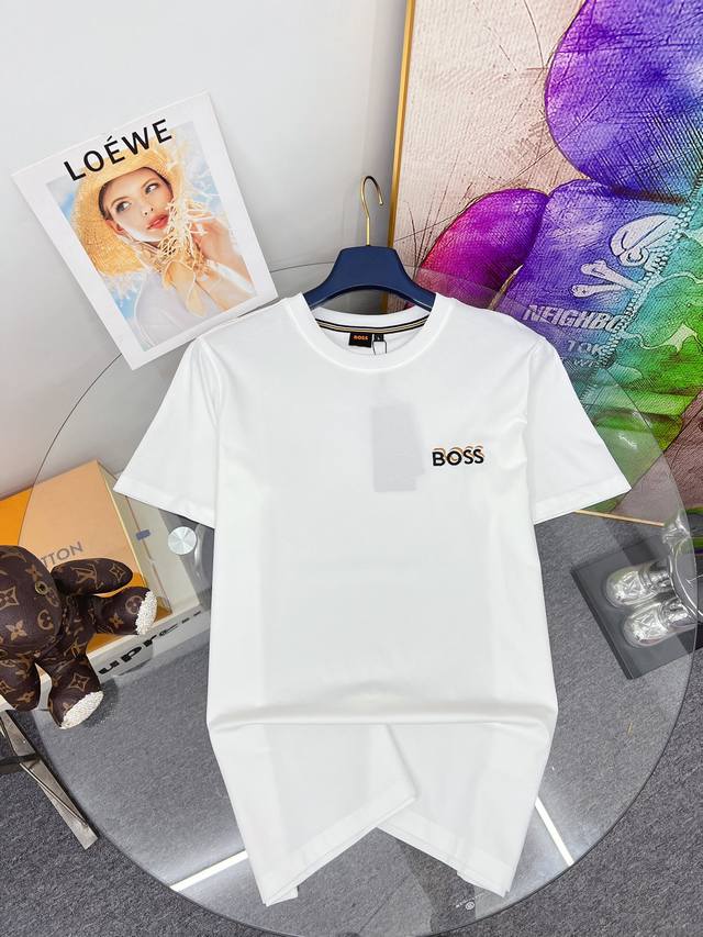 Boss 2024最新品，专柜同步有售，原单狠货，时尚休闲圆领短袖，进口原版高支铜蚕丝棉面料，唯一可以做代购级别的渠道狠货，精致印花工艺字母图案装饰logo，档