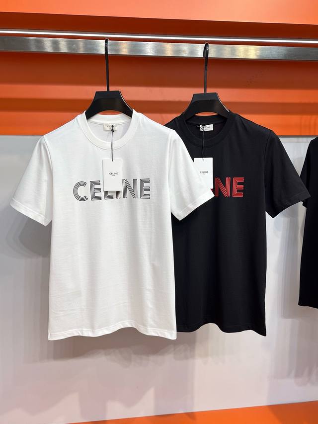 Celine思林 2024春夏纽约soho限定门店发售，简约纯色小字母logo短袖，男女同款。黑，白，二色发行，渠道精品，绝对爆款！ 甄选优质100%长绒棉打造