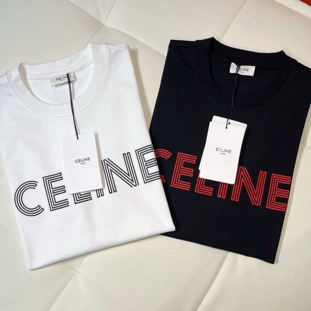 Celine思林 2024春夏纽约soho限定门店发售，简约纯色小字母logo短袖，男女同款。黑，白，二色发行，渠道精品，绝对爆款！ 甄选优质100%长绒棉打造