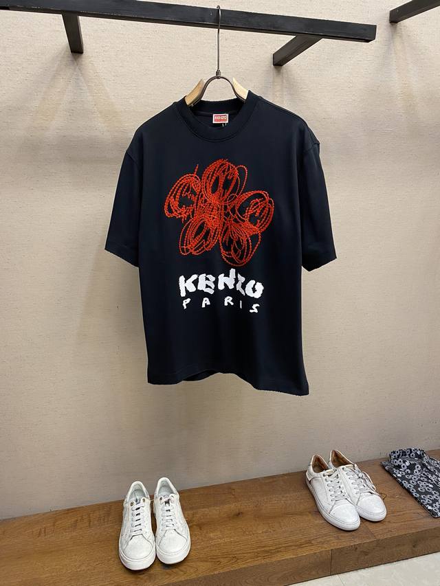 Kenzo2024Fw Nigo主理最新经典重工毛线刺绣+印花手绘涂鸦海棠花半袖t恤 、重磅纯棉洗水破坏 上身非常nice！！无论单穿还是打底都很舒服！洗涤方式