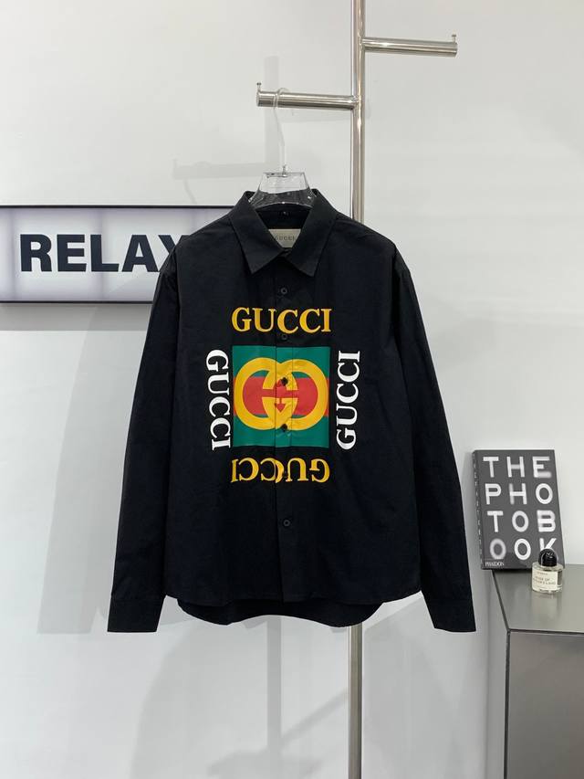 款号g667 新款gucci古驰新款红绿双环印花对格大logo纽扣衬衫 超有质感的黑色衬衫简直太好看！哭泣图案太经典高级了～氛围感十足 棉质绸缎面料超有垂感 外