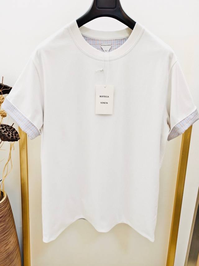 Size：S M L Xl 黑白两色 男女同款 Bottega Veneta 葆蝶家2024Fw双面撞色半袖t恤 超复杂衬衫纯棉布拼接纯棉针织双面做工！袖口刺绣