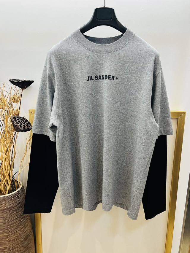 Size：46 48 50 52 黑 灰两色 男女同款 Jil Sander 吉尔桑德2024Fw早春假两件长袖撞色拼接圆领宽松纯棉t恤 重磅针织纯棉成衣洗水破