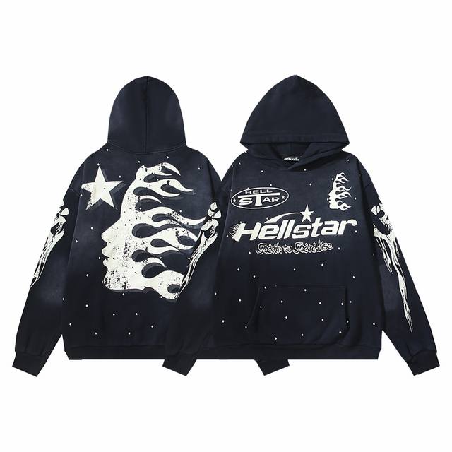 2002# 洗水黑 实拍 Hellstar 地狱之星洗水做旧毛圈高街复古连帽卫衣 面料 380克纯棉毛圈布 颜色：洗水黑 码数：S M L Xl