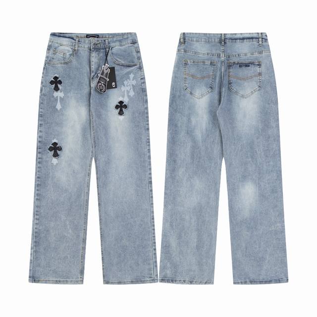 Ly17 Chrome Hearts 克罗心 Kenijima同款蓝牛 Vibe风真皮十字架水洗破坏复古牛仔裤 22Ss经典拼皮两色十字牛仔裤 原版购入打版 真