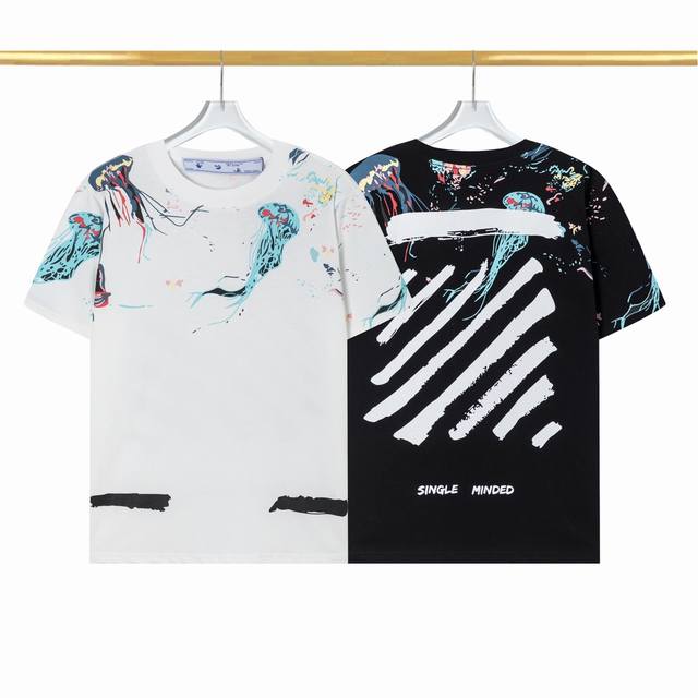 T2064 Off White 2024年夏季新品t恤，采用230克高品质双纱面料，面料柔软，满身彩色图案，数码直喷工艺，时尚百搭，男女同款，颜色:黑色 ,白色