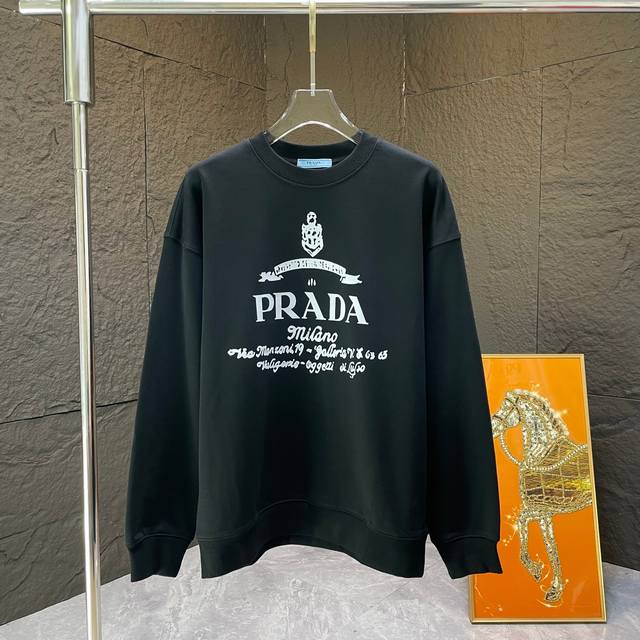 Pra* 普拉达* 2024 秋冬新款 400克 圆领卫衣 颜色：黑色 白色 码数：S M L Xl Xxl