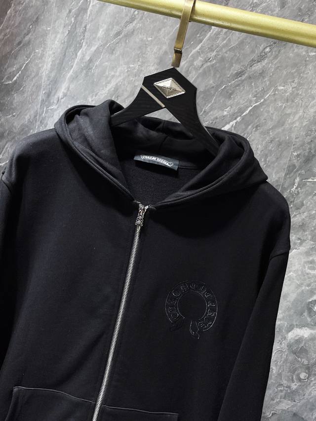 8162＃ 上新 Chrome Hearts24Ss 秋冬 网红款暗黑丧系十字拼皮字母拉链卫衣 重工十字羊皮拼皮刺绣工艺！最高版本！ 网红达人王炸炸同款！！ 改