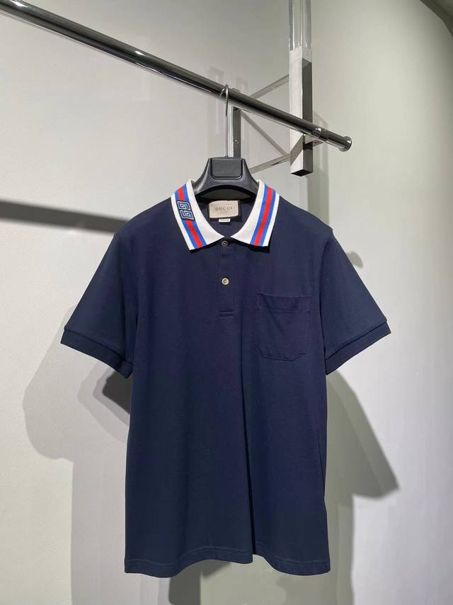 Gucc 领口双g刺绣polo 撞色设计 少年感满满 深蓝色 男女同款 码数s-Xxl