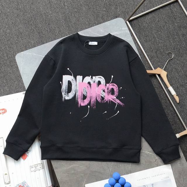 Dior 迪奥印花圆领毛圈卫衣 1:1对版面料420克毛圈高克重百分百纯棉 提前做过预缩水1×1双纱洗一辈子都不会变形的 男女同款 官网细节 涂鸦喷墨拼色字母印