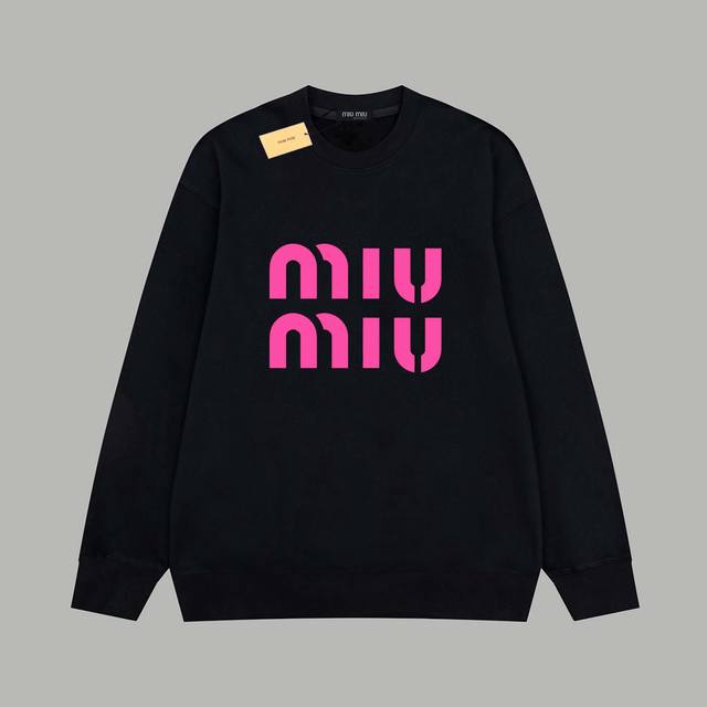 Miumiu 缪缪 经典字母胸前荧光粉字母 毛圈长袖卫衣 - 420G重磅毛圈版本 百分百纯棉独家出货 定染硫化黑无尘处理面料 -面料：420G百分百纯棉赛络纺