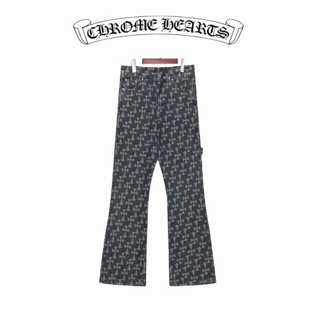 原版 款号：K081 上新 Chrome Hearts｜克罗心 Ch 满印提花微喇牛仔裤- 2024秋季新品 网红明星同款 十字架满印牛裤，独特的十字架设计元素