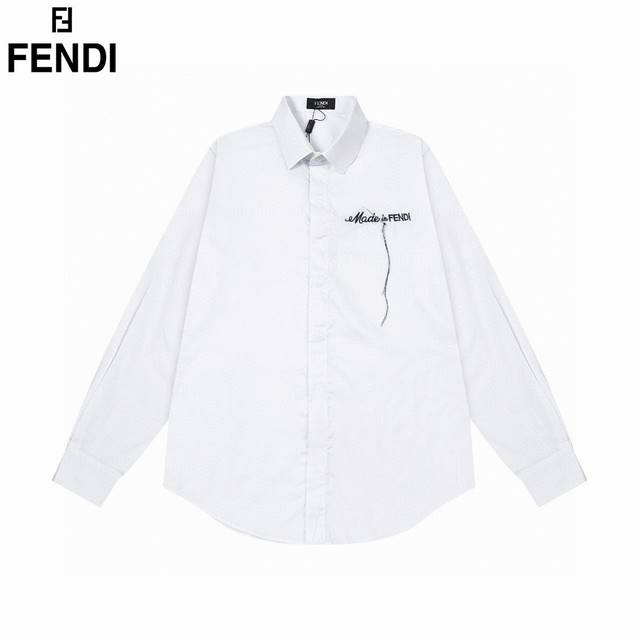 Fendi 芬迪 爆款来袭 胸前简约logo针绣徽标长袖衬衫 2024Ss官网新款长袖 衬衫 衬衣 精美刺绣logo 高端版本，专柜定制面料 透气舒适度高，精工