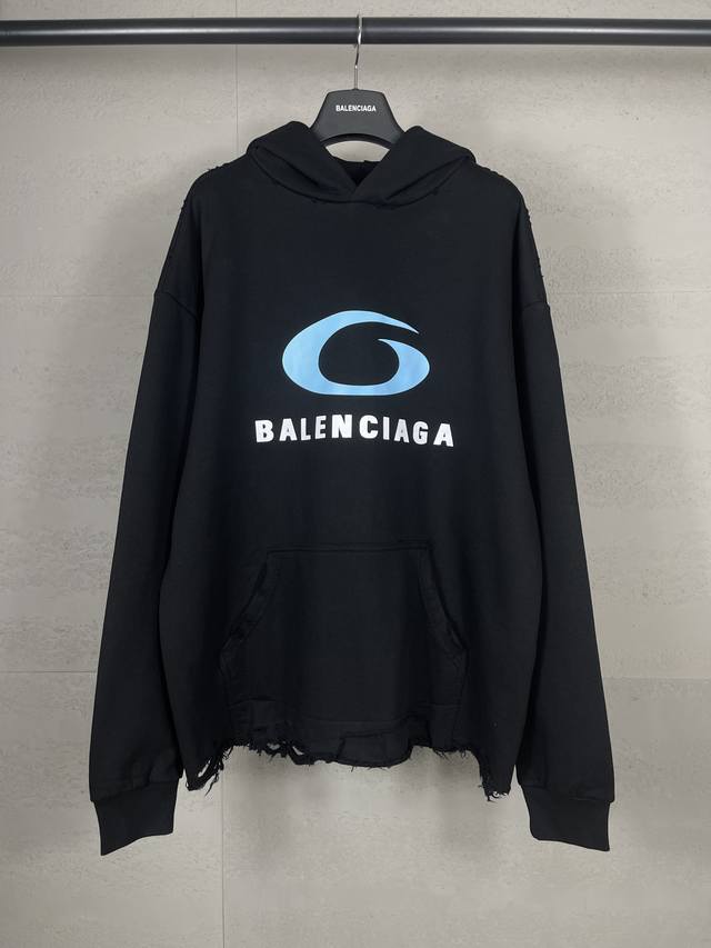 实拍图 顶级版本.官网品质 Balenci*Ga 巴黎.Ss24最新款，Loop Sports Icon印花洗水下摆礳烂做旧连帽卫衣.砖柜同步.第一时间正品研制