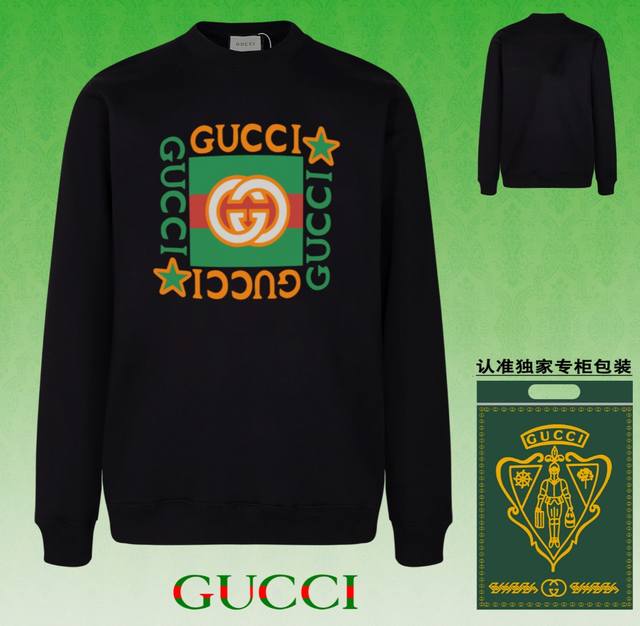 高版本卫衣 配独家图片包装 长期现货 Gucci 古驰 采用440G重磅面料 区别市场通货 2025 早春t台走秀款，专柜在售，精致印花圆领毛圈卫衣 高端双股纯